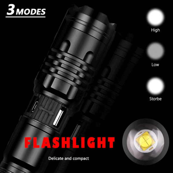 1616150491245.gif Super Bright Flashlight Zoomable USB Rechargeable Electric Torch 5 Modes Torch Outdoor Fishing Waterproof